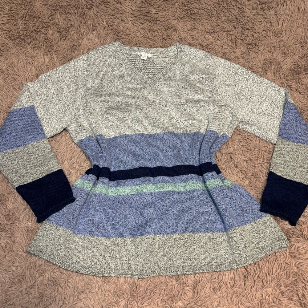 J Jill Women Gray Blue Stripes V-neck Knit Sweater
